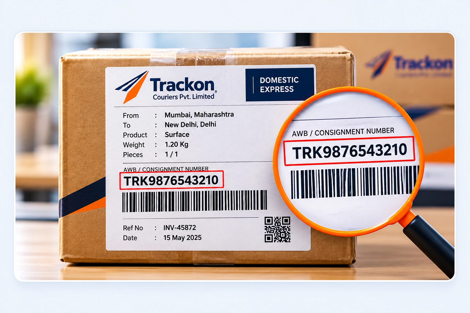 Example Trackon parcel label with magnified AWB and consignment number highlighted