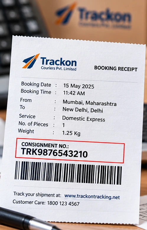 Example booking receipt showing the highlighted Trackon consignment number