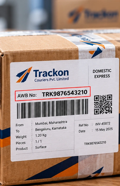 Parcel shipping label with highlighted Trackon AWB reference