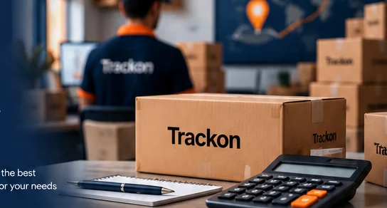 Illustrative courier counter with parcels, calculator and shipping paperwork