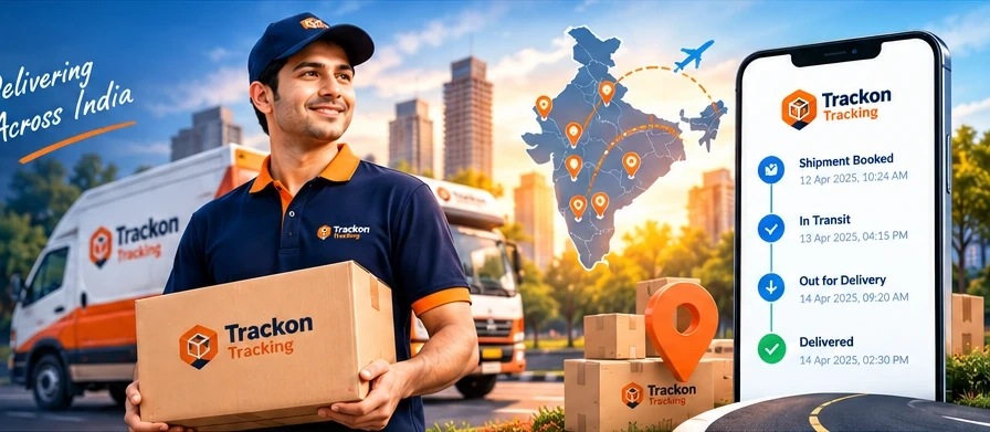 Courier carrying a parcel with shipment progress graphic and delivery vehicle