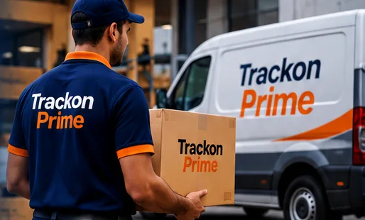 Illustrative courier worker handling a parcel near a delivery vehicle