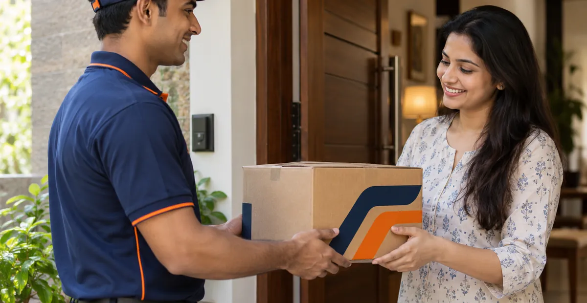 Trackon courier delivering a parcel to a customer